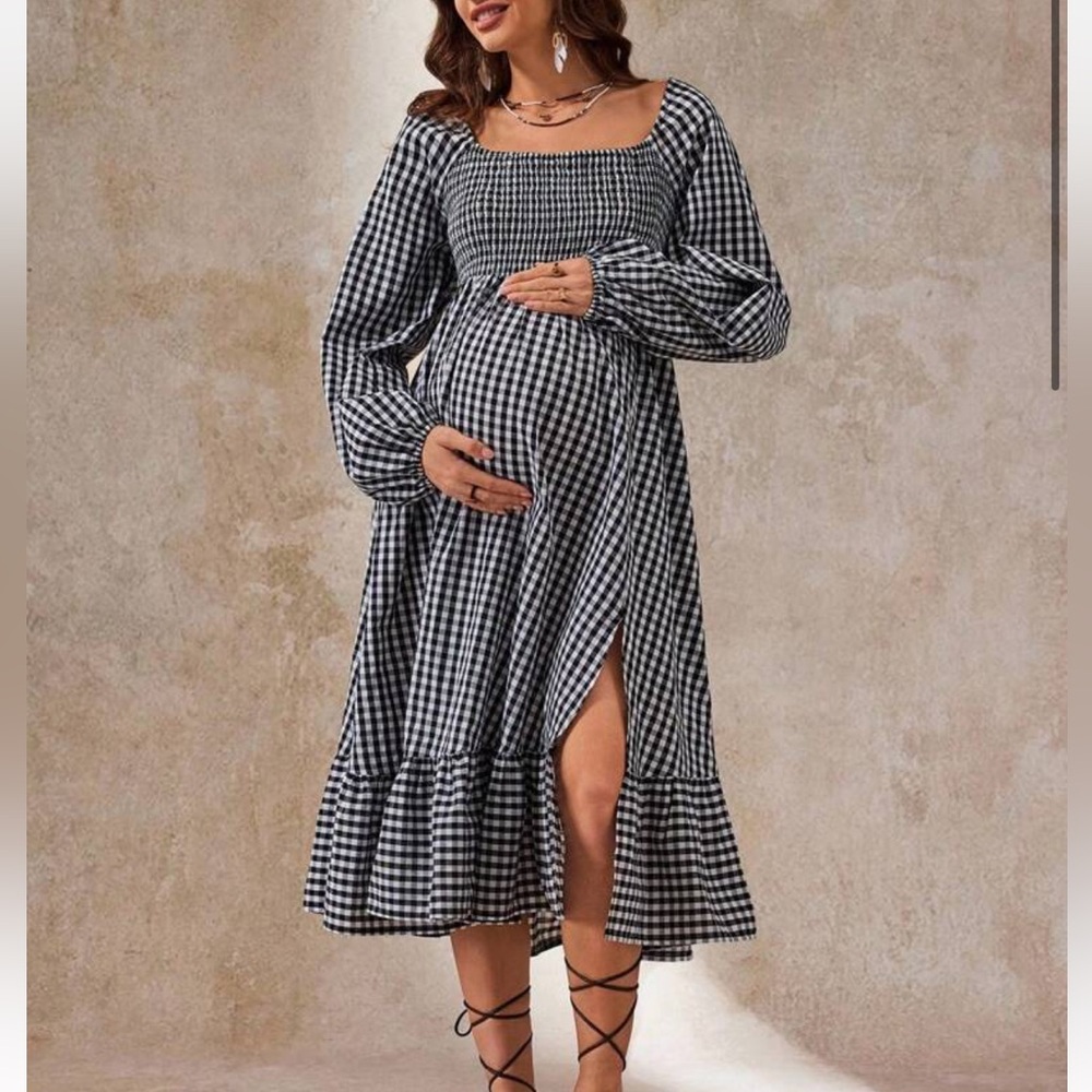 SHEIN Black and White Gingham Long Sleeve Dress